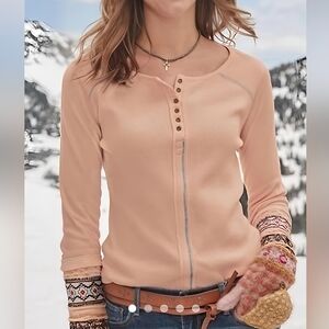 Sundance Thermal Henley Long Sleeve Beaded Embroidered Cotton Boho Shirt Small